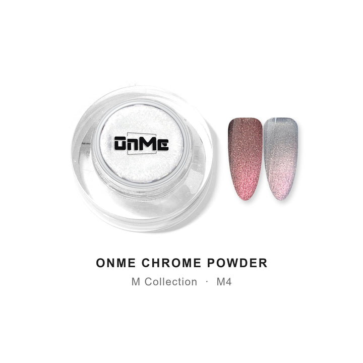 ONME Chrome Powder M4 – rose copper chameleon chrome powder 0.5 g, jar with nail swatches on black base and clear base