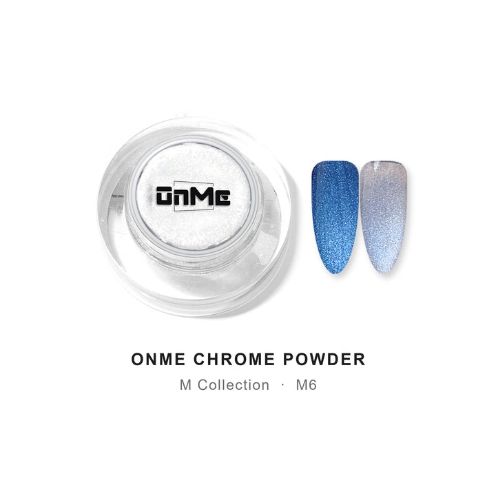 ONME Chrome Powder M6 – blue chameleon chrome powder 0.5 g, jar with nail swatches on black base and clear base