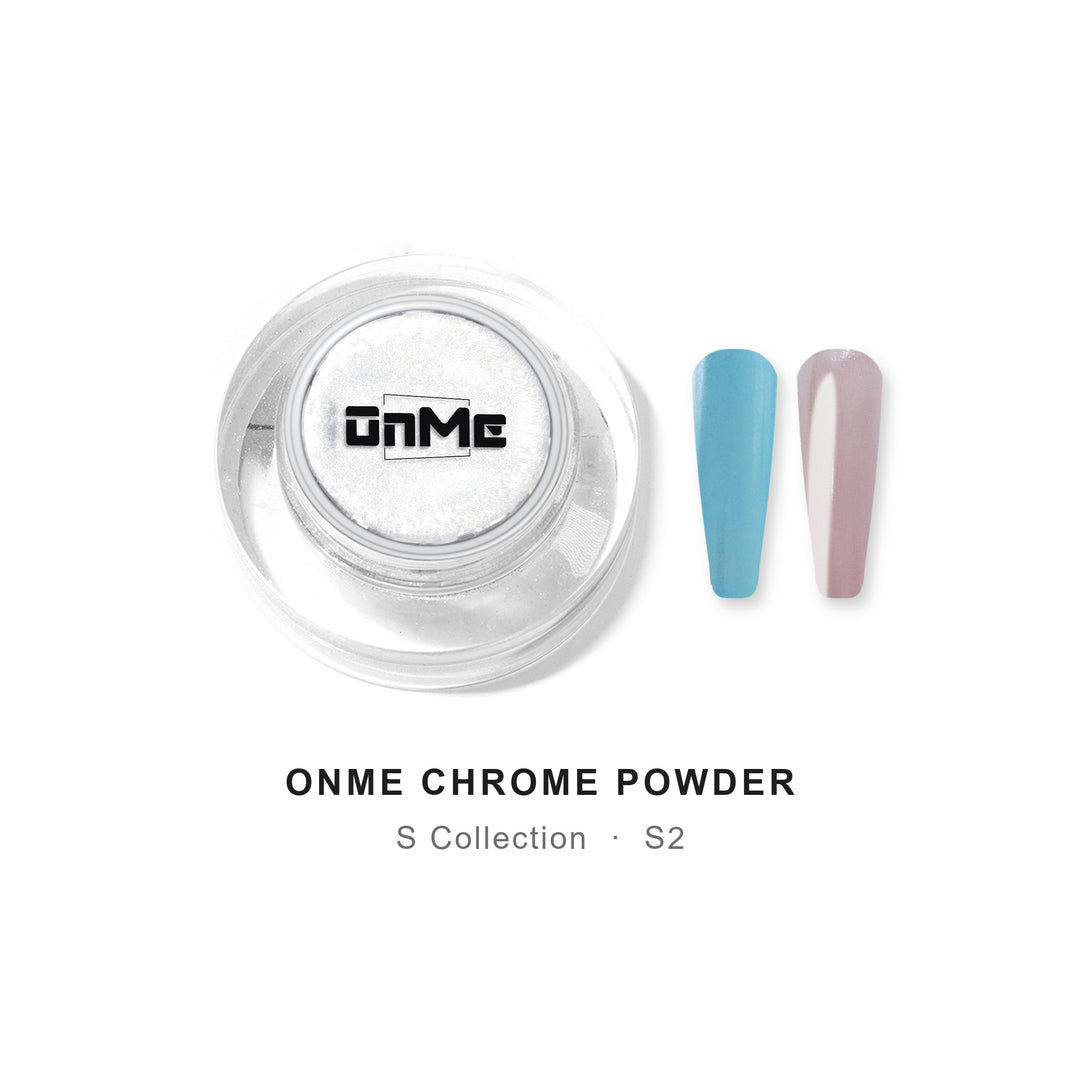 ONME Chrome Powder S2 – crystal glaze chrome powder 0.5 g, jar with nail swatches on blue base and pink base