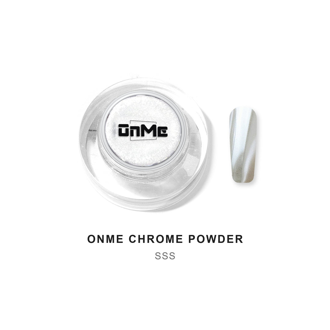 ONME Chrome Powder SSS – white milky pearl chrome powder 0.5 g, jar with nail swatch on white base