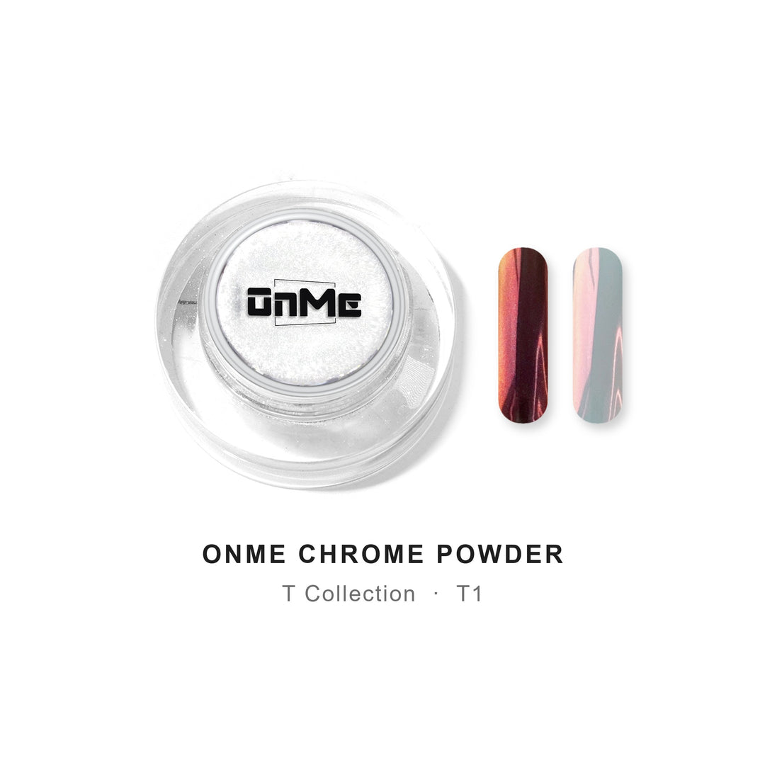 ONME Chrome Powder T1 – red–copper aurora chrome powder 0.5 g, jar with nail swatches on black base and clear base
