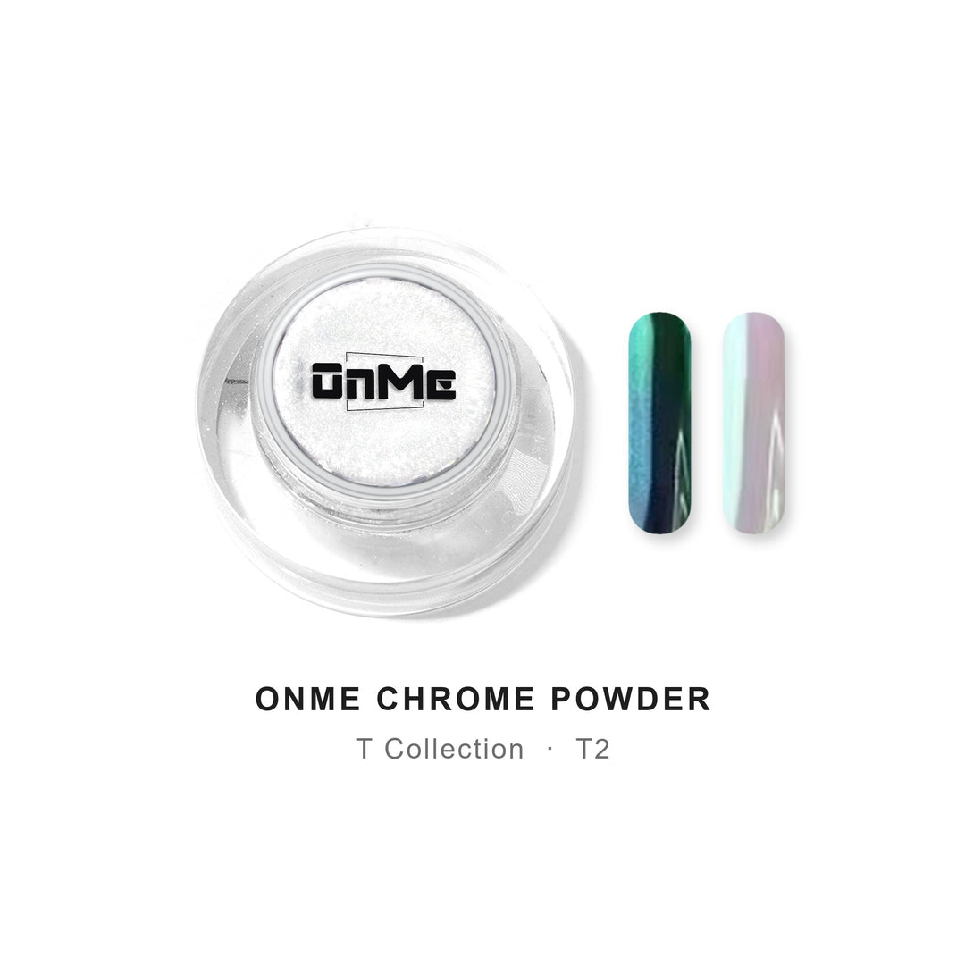 ONME Chrome Powder T2 – teal–green aurora chrome powder 0.5 g, jar with nail swatches on black base and clear base