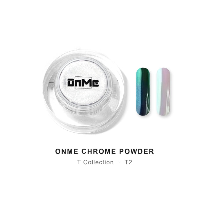 ONME Chrome Powder T2 – teal–green aurora chrome powder 0.5 g, jar with nail swatches on black base and clear base