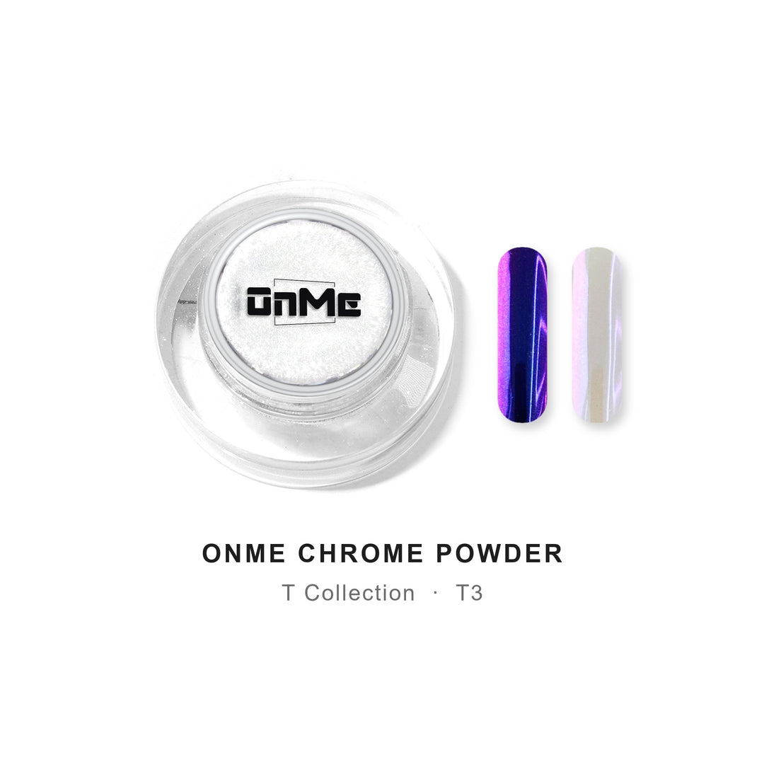 ONME Chrome Powder T3 – violet–blue aurora chrome powder 0.5 g, jar with nail swatches on black base and clear base