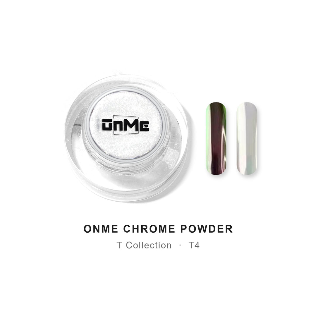 ONME Chrome Powder T4 – green–burgundy aurora chrome powder 0.5 g, jar with nail swatches on black base and clear base