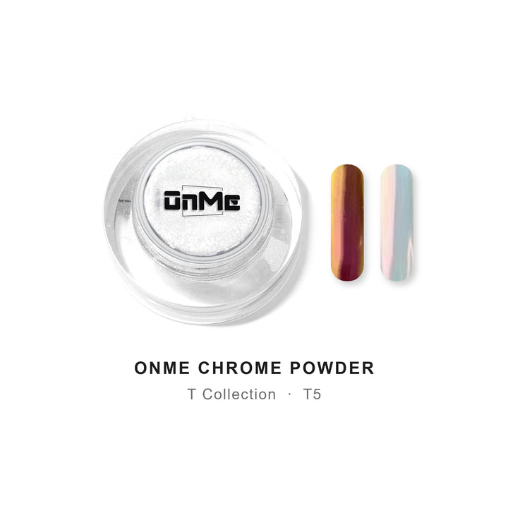 ONME Chrome Powder T5 – gold–red aurora chrome powder 0.5 g, jar with nail swatches on black base and clear base