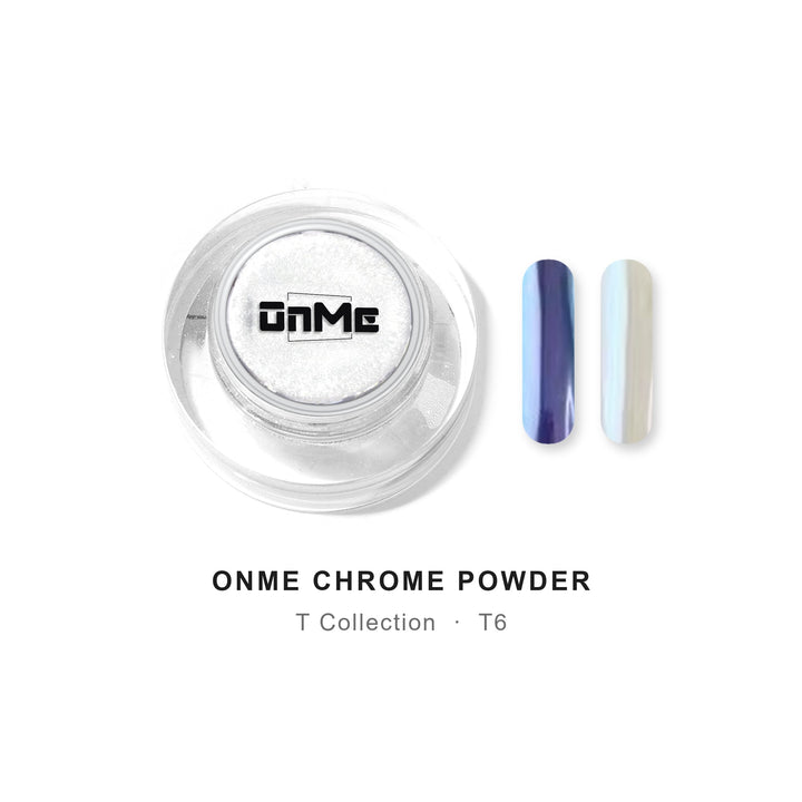 ONME Chrome Powder T6 – blue–violet aurora chrome powder 0.5 g, jar with nail swatches on black base and clear base