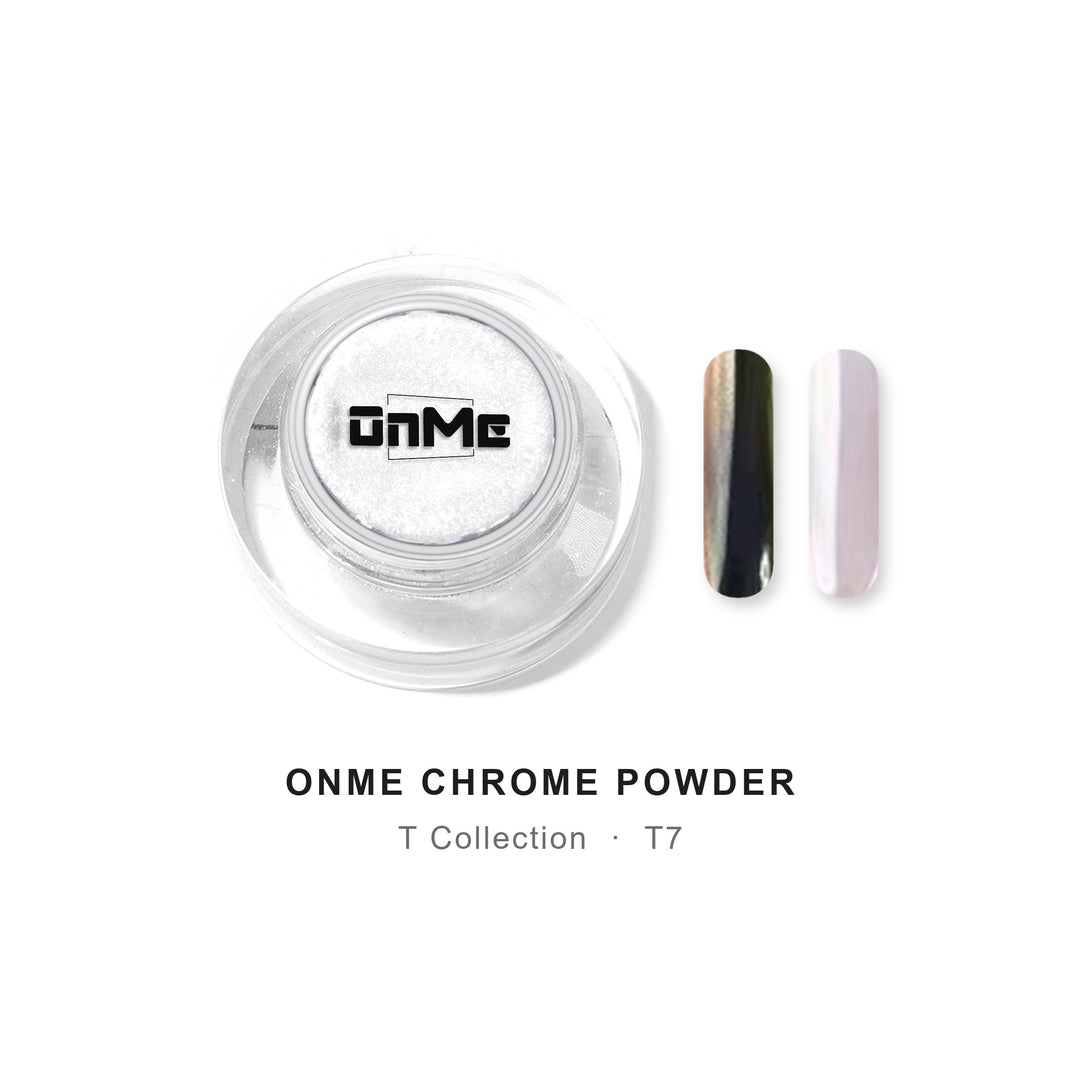 ONME Chrome Powder T7 – champagne–black aurora chrome powder 0.5 g, jar with nail swatches on black base and clear base