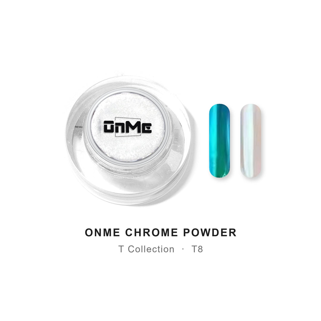 ONME Chrome Powder T8 – turquoise aurora chrome powder 0.5 g, jar with nail swatches on black base and clear base