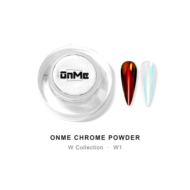 ONME Chrome Powder W1 – red–gold aurora chrome powder 0.5 g, jar with nail swatches on black base and clear base