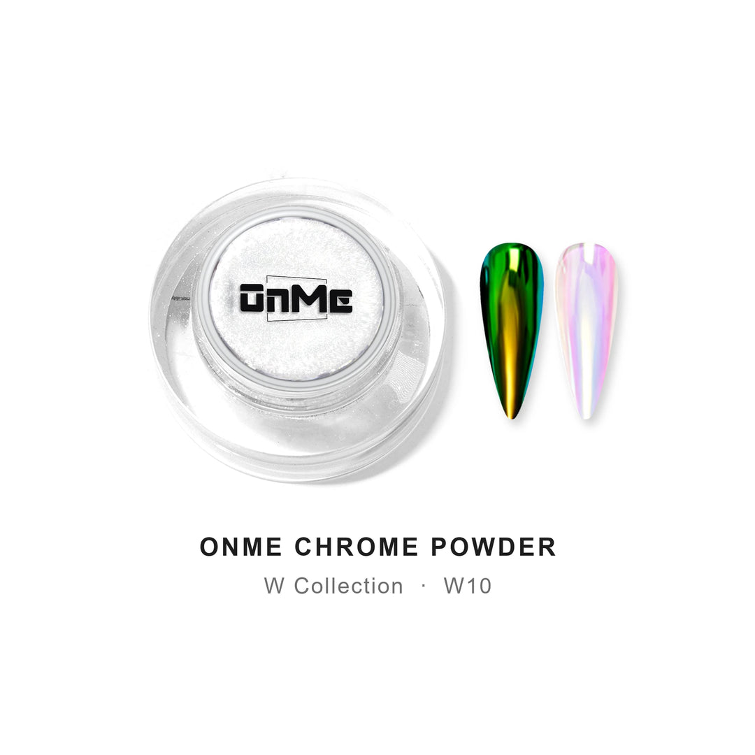 ONME Chrome Powder W10 – green aurora chrome powder 0.5 g, jar with nail swatches on black base and clear base