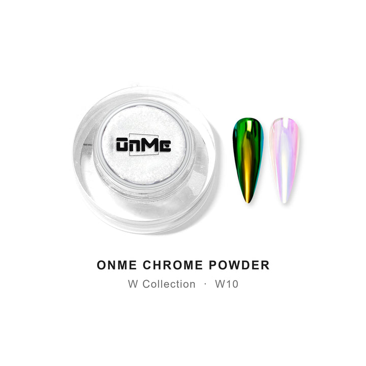 ONME Chrome Powder W10 – green aurora chrome powder 0.5 g, jar with nail swatches on black base and clear base