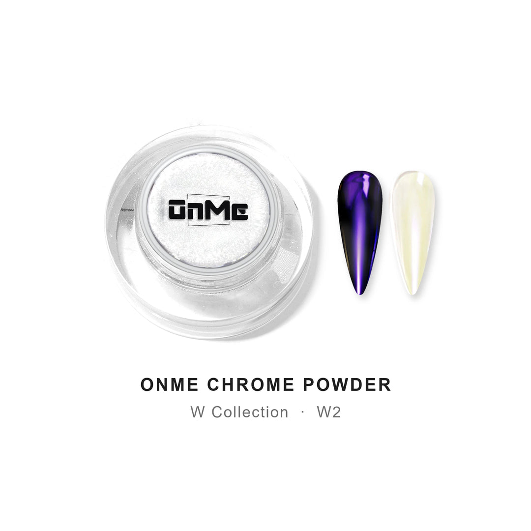 ONME Chrome Powder W2 – violet–blue aurora chrome powder 0.5 g, jar with nail swatches on black base and clear base