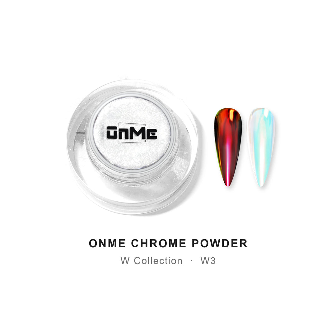 ONME Chrome Powder W3 – red–orange aurora chrome powder 0.5 g, jar with nail swatches on black base and clear base
