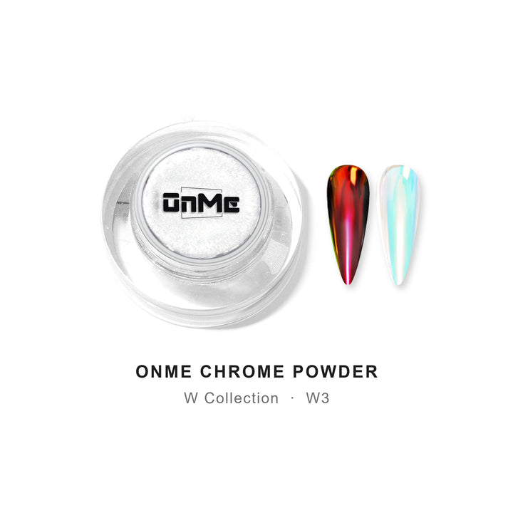 ONME Chrome Powder W3 – red–orange aurora chrome powder 0.5 g, jar with nail swatches on black base and clear base
