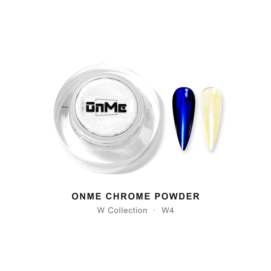 ONME Chrome Powder W4 – royal blue aurora chrome powder 0.5 g, jar with nail swatches on black base and clear base
