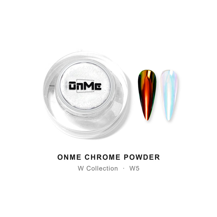 ONME Chrome Powder W5 – orange–green aurora chrome powder 0.5 g, jar with nail swatches on black base and clear base