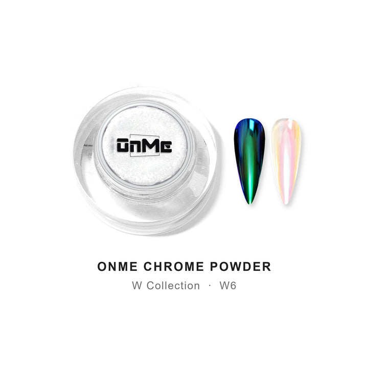 ONME Chrome Powder W6 – green–blue aurora chrome powder 0.5 g, jar with nail swatches on black base and clear base