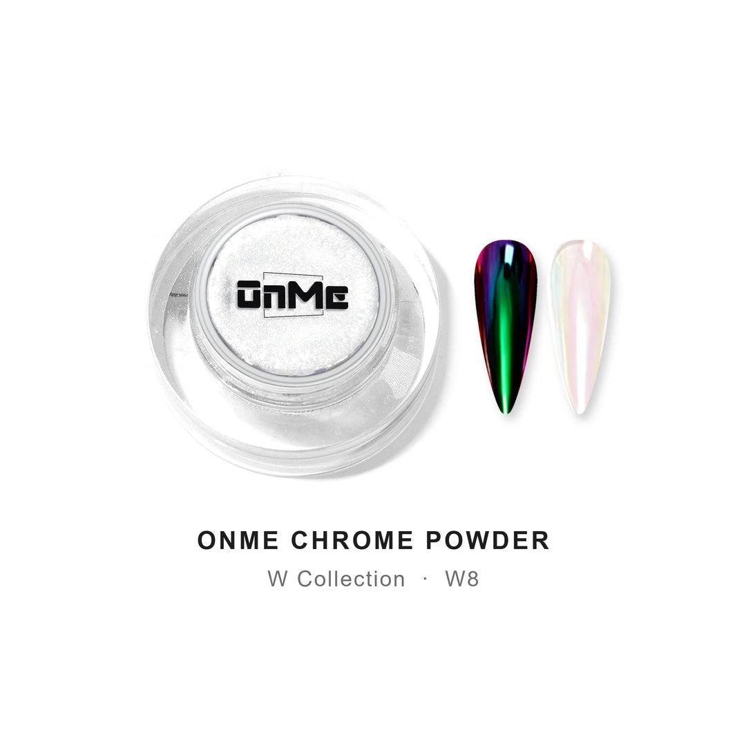 ONME Chrome Powder W8 – magenta–green aurora chrome powder 0.5 g, jar with nail swatches on black base and clear base