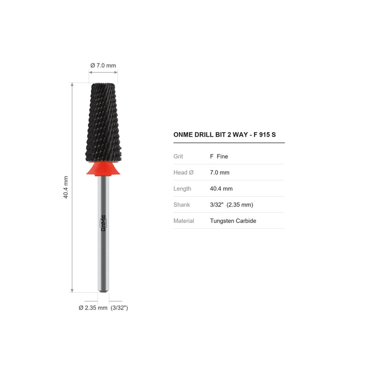 ONME F 915 S 2-way 5-in-1 tapered barrel carbide nail drill bit: 7.0 mm head, 40.4 mm long, 3/32 inch shank, grit F