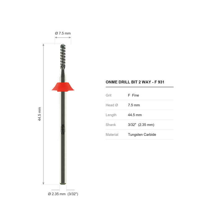 ONME F 931 2-way round carbide nail drill bit: 7.5 mm head, 44.5 mm long, 3/32 inch shank, grit F