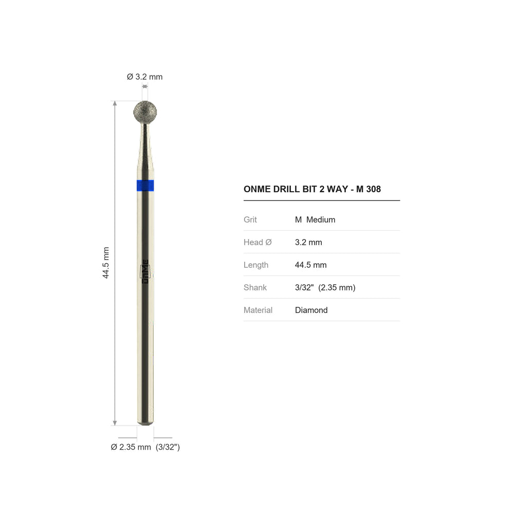 ONME M 308 2-way ball diamond nail drill bit: 3.2 mm head, 44.5 mm long, 3/32 inch shank, grit M