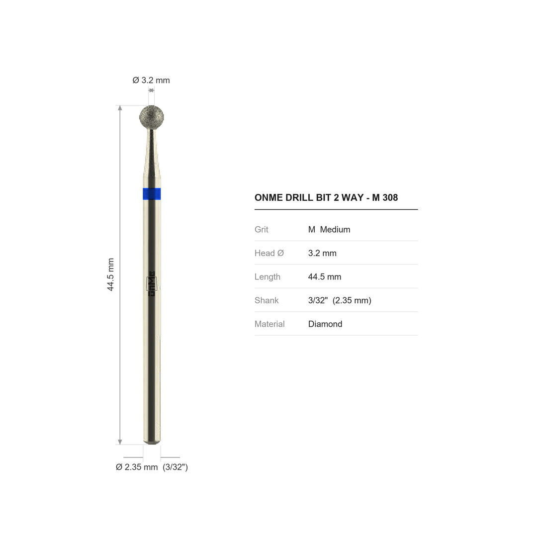 ONME M 308 2-way ball diamond nail drill bit: 3.2 mm head, 44.5 mm long, 3/32 inch shank, grit M
