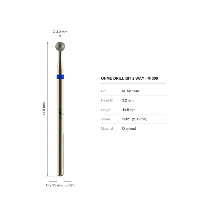 ONME M 308 2-way ball diamond nail drill bit: 3.2 mm head, 44.5 mm long, 3/32 inch shank, grit M