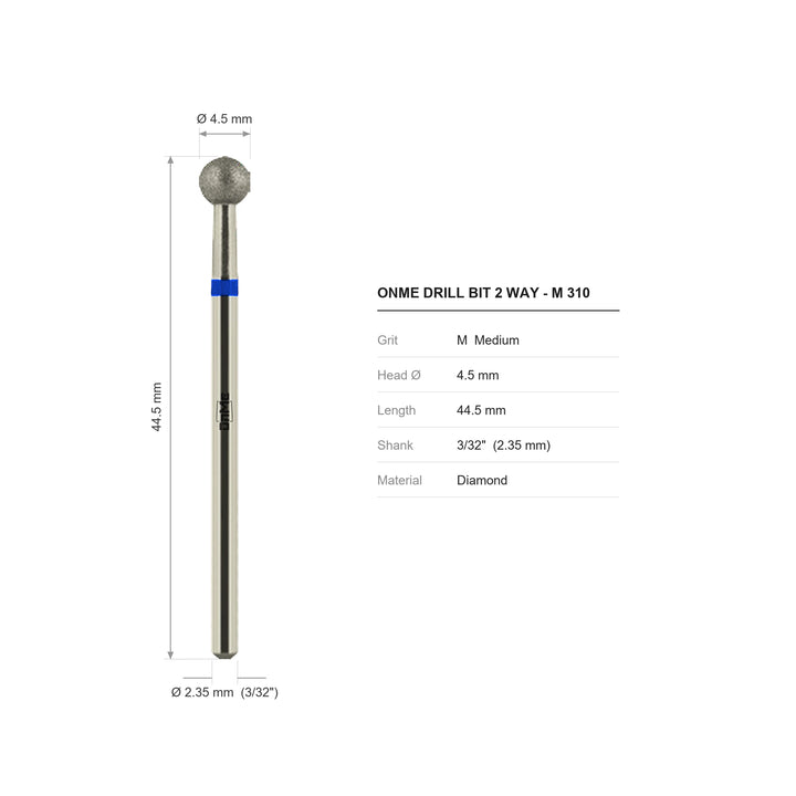 ONME M 310 2-way ball diamond nail drill bit: 4.5 mm head, 44.5 mm long, 3/32 inch shank, grit M