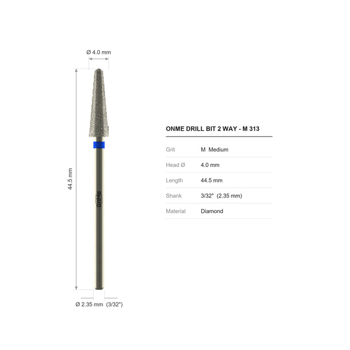 ONME M 313 2-way conical diamond nail drill bit: 4.0 mm head, 44.5 mm long, 3/32 inch shank, grit M