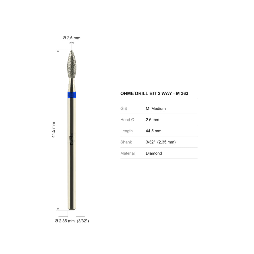 ONME M 363 2-way flame diamond nail drill bit: 2.6 mm head, 44.5 mm long, 3/32 inch shank, grit M