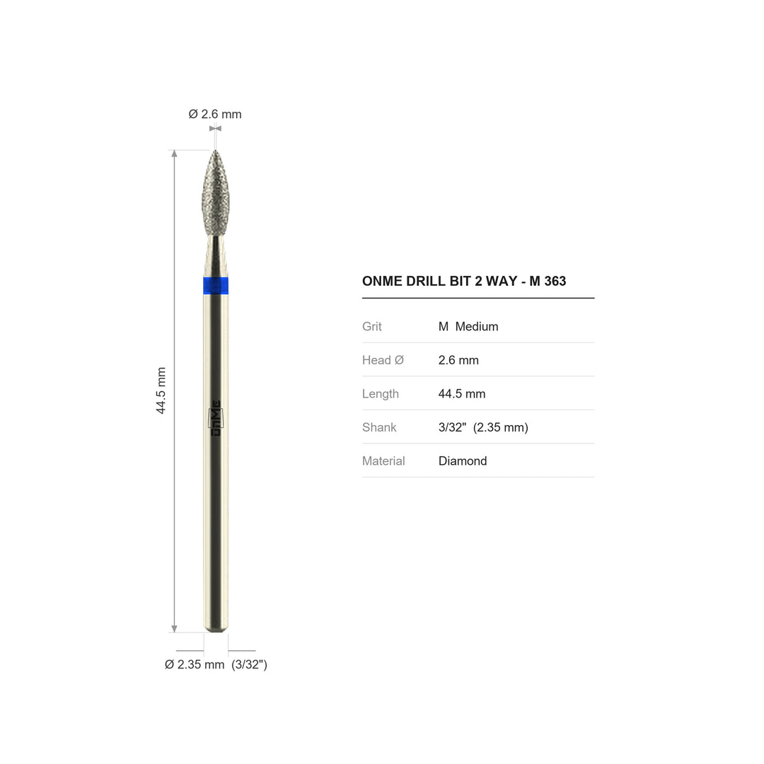 ONME M 363 2-way flame diamond nail drill bit: 2.6 mm head, 44.5 mm long, 3/32 inch shank, grit M