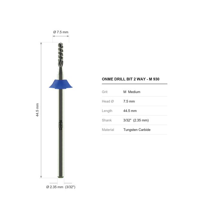 ONME M 930 2-way round carbide nail drill bit: 7.5 mm head, 44.5 mm long, 3/32 inch shank, grit M