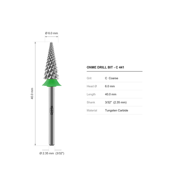ONME C 441 tree / cone shape carbide nail drill bit: 6.0 mm head, 40.0 mm long, 3/32 inch shank, grit C