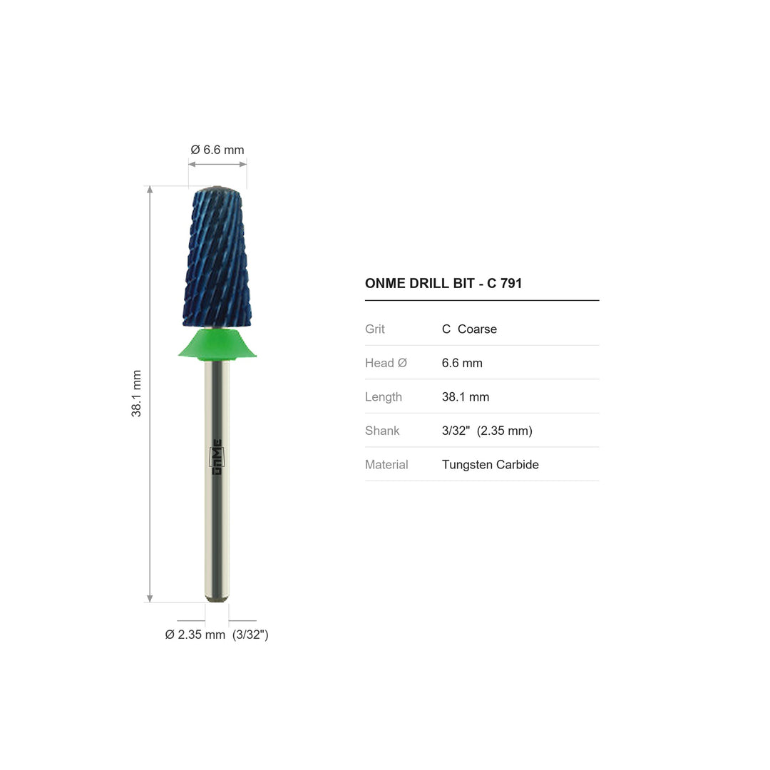 ONME C 791 smooth tapered barrel carbide nail drill bit: 6.6 mm head, 38.1 mm long, 3/32 inch shank, grit C