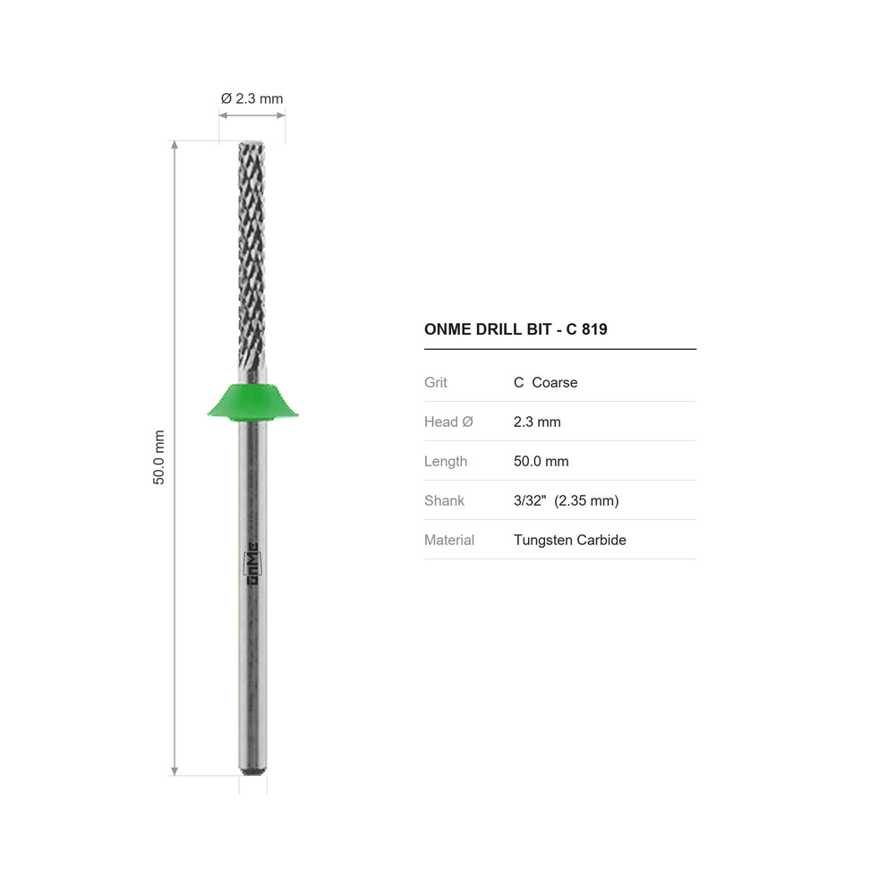 ONME C 819 long-flute mini barrel carbide nail drill bit: 2.3 mm head, 50.0 mm long, 3/32 inch shank, grit C