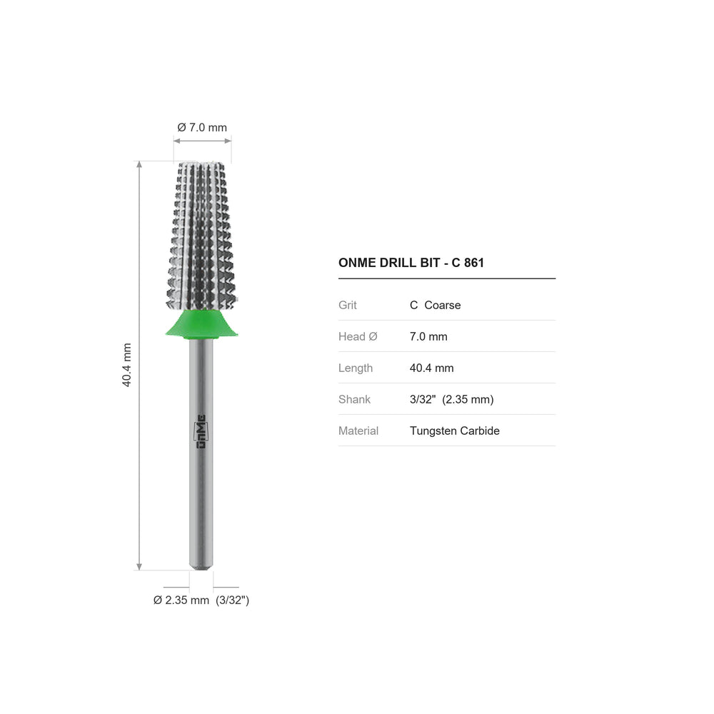 ONME C 861 5-in-1 tapered barrel carbide nail drill bit: 7.0 mm head, 40.4 mm long, 3/32 inch shank, grit C