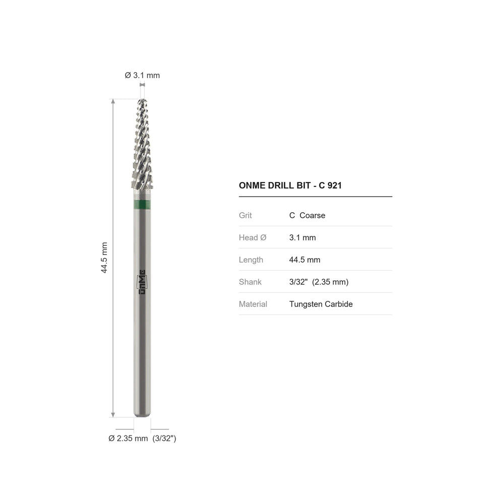 ONME C 921 small cone carbide nail drill bit: 3.1 mm head, 44.5 mm long, 3/32 inch shank, grit C