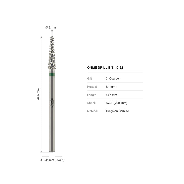 ONME C 921 small cone carbide nail drill bit: 3.1 mm head, 44.5 mm long, 3/32 inch shank, grit C