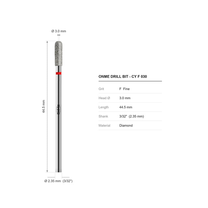 ONME CY F 030 cylinder diamond nail drill bit: 3.0 mm head, 44.5 mm long, 3/32 inch shank, grit F