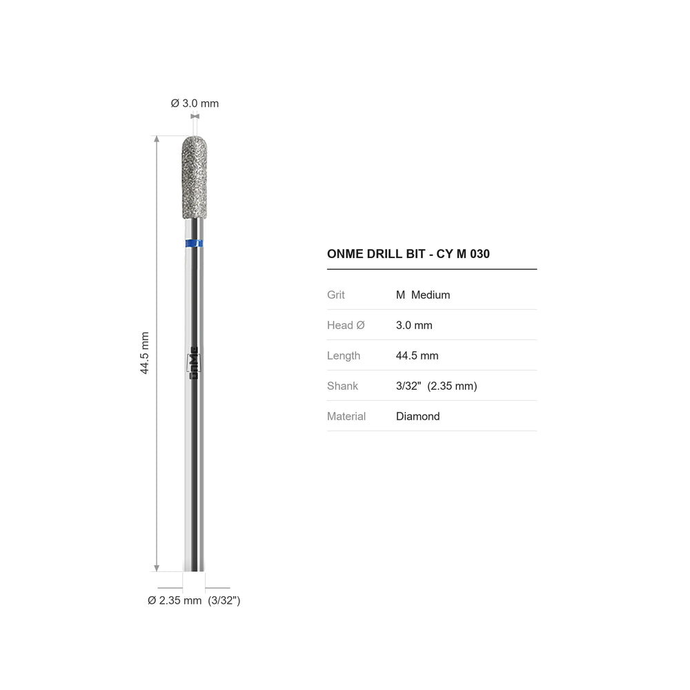 ONME CY M 030 cylinder diamond nail drill bit: 3.0 mm head, 44.5 mm long, 3/32 inch shank, grit M