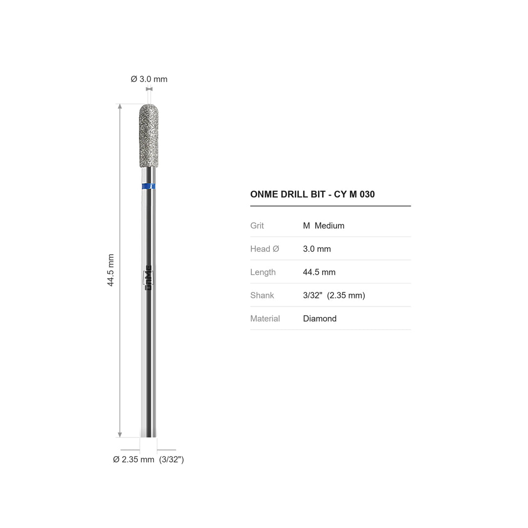 ONME CY M 030 cylinder diamond nail drill bit: 3.0 mm head, 44.5 mm long, 3/32 inch shank, grit M