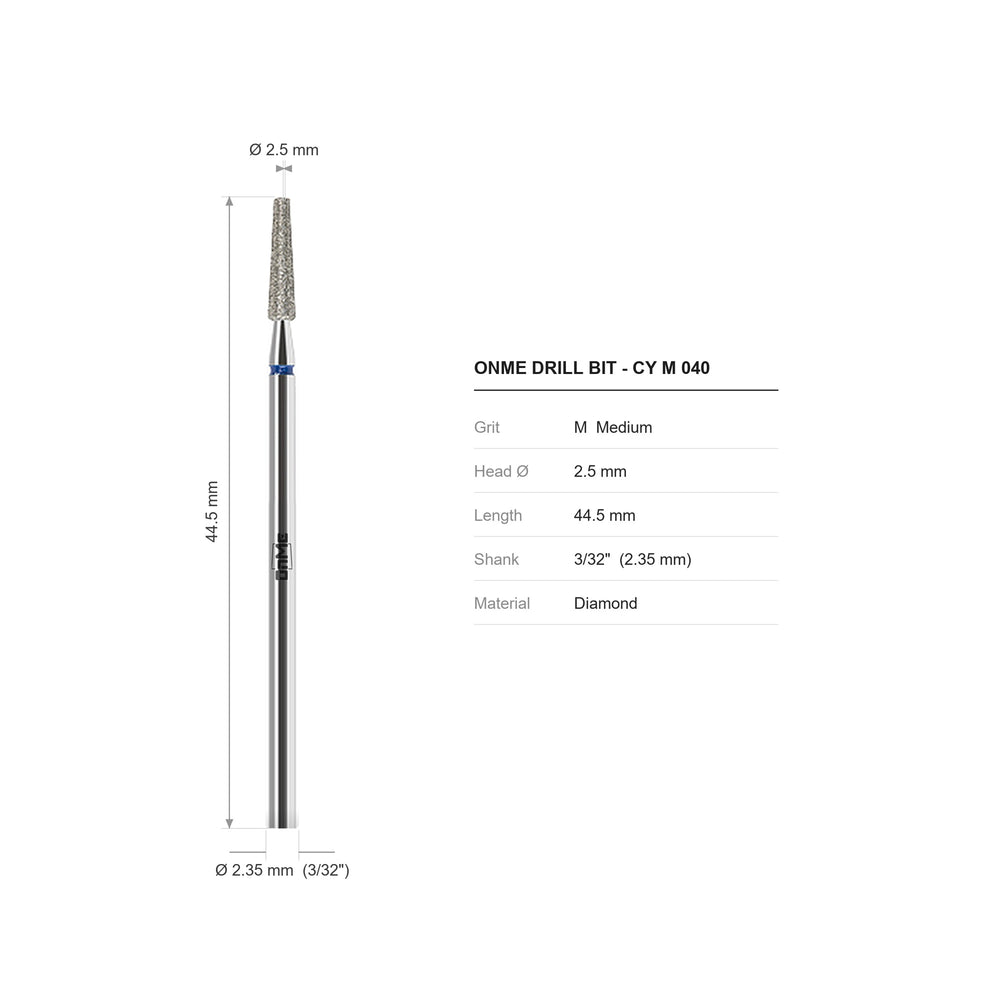 ONME CY M 040 taper diamond nail drill bit: 2.5 mm head, 44.5 mm long, 3/32 inch shank, grit M