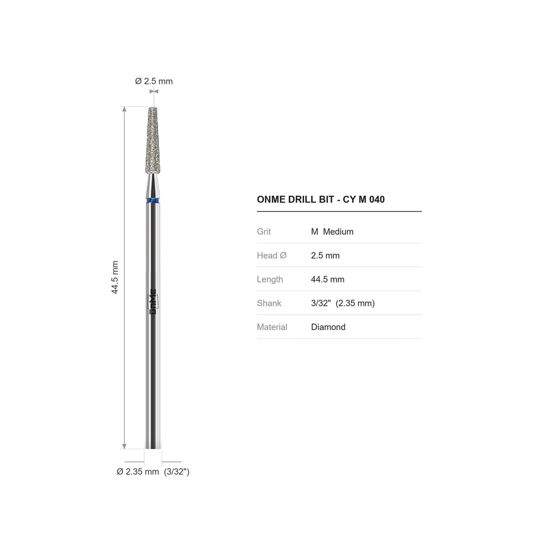 ONME CY M 040 taper diamond nail drill bit: 2.5 mm head, 44.5 mm long, 3/32 inch shank, grit M