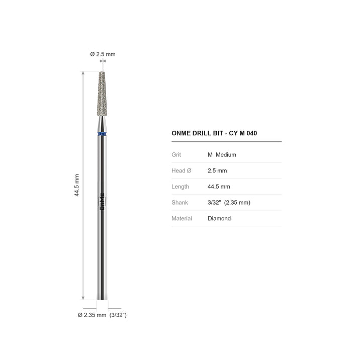 ONME CY M 040 taper diamond nail drill bit: 2.5 mm head, 44.5 mm long, 3/32 inch shank, grit M
