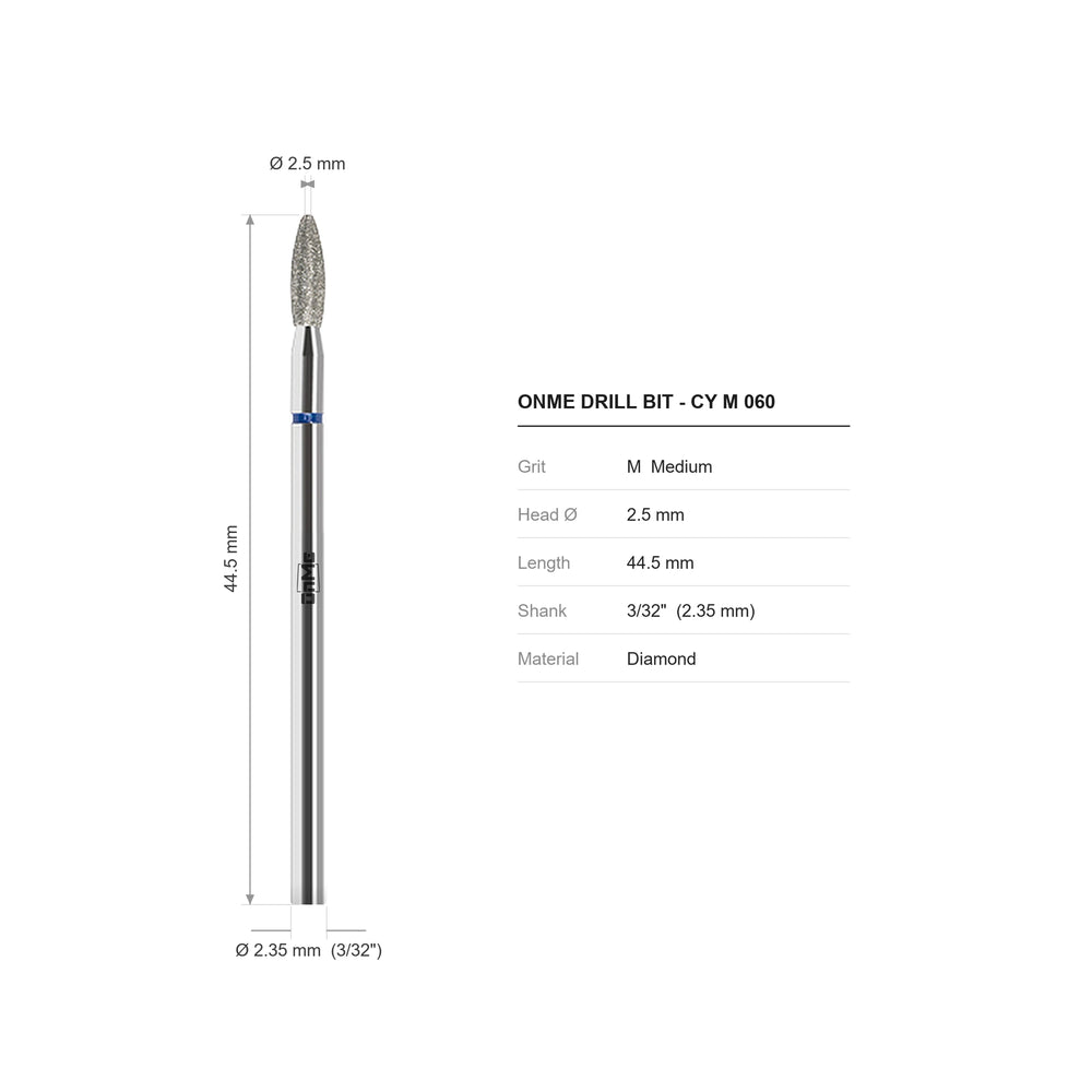 ONME CY M 060 flame diamond nail drill bit: 2.5 mm head, 44.5 mm long, 3/32 inch shank, grit M