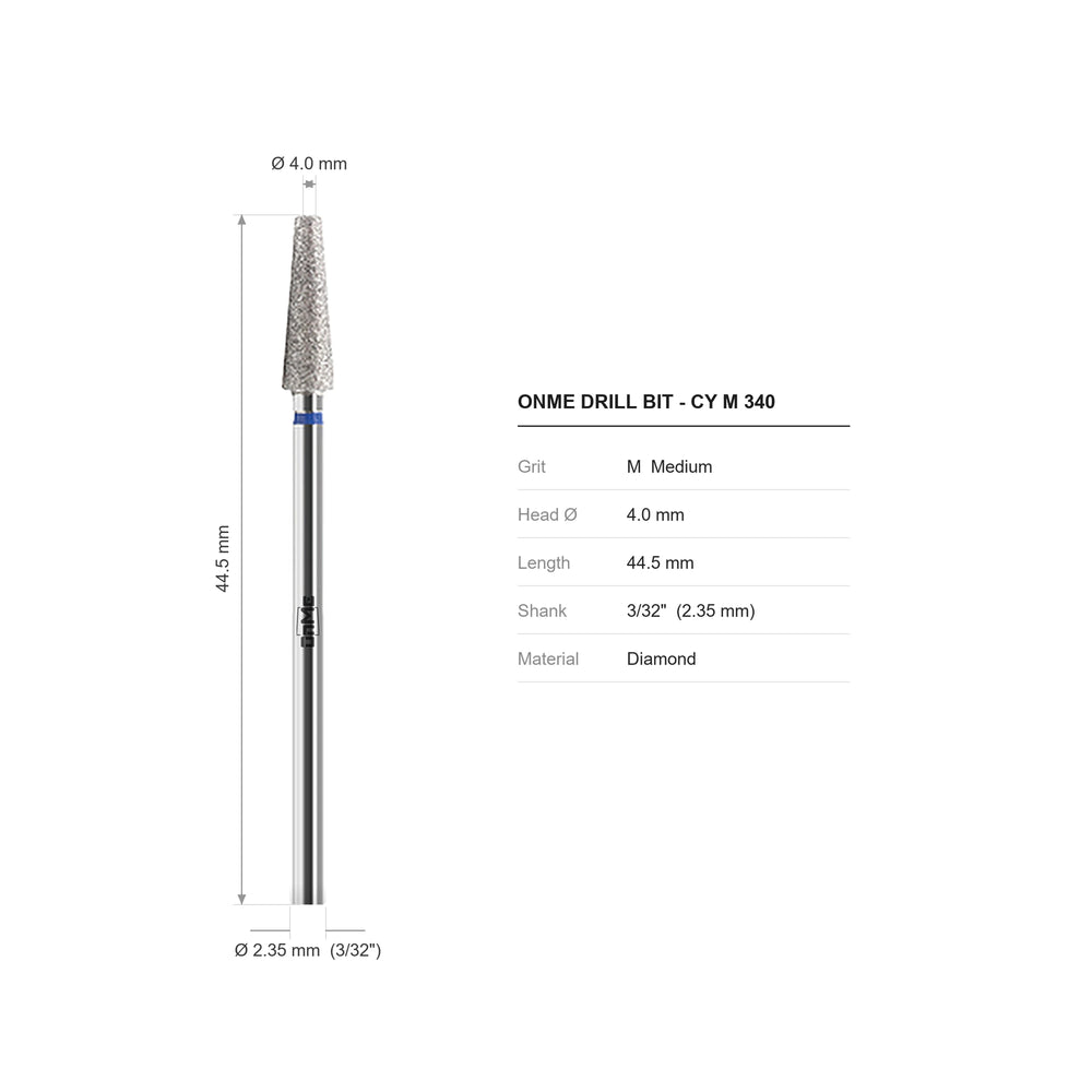 ONME CY M 340 cone diamond nail drill bit: 4.0 mm head, 44.5 mm long, 3/32 inch shank, grit M