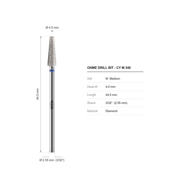 ONME CY M 340 cone diamond nail drill bit: 4.0 mm head, 44.5 mm long, 3/32 inch shank, grit M