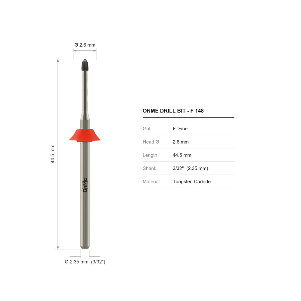 ONME F 148 cuticle clean carbide nail drill bit: 2.6 mm head, 44.5 mm long, 3/32 inch shank, grit F
