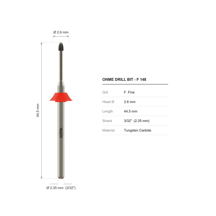 ONME F 148 cuticle clean carbide nail drill bit: 2.6 mm head, 44.5 mm long, 3/32 inch shank, grit F
